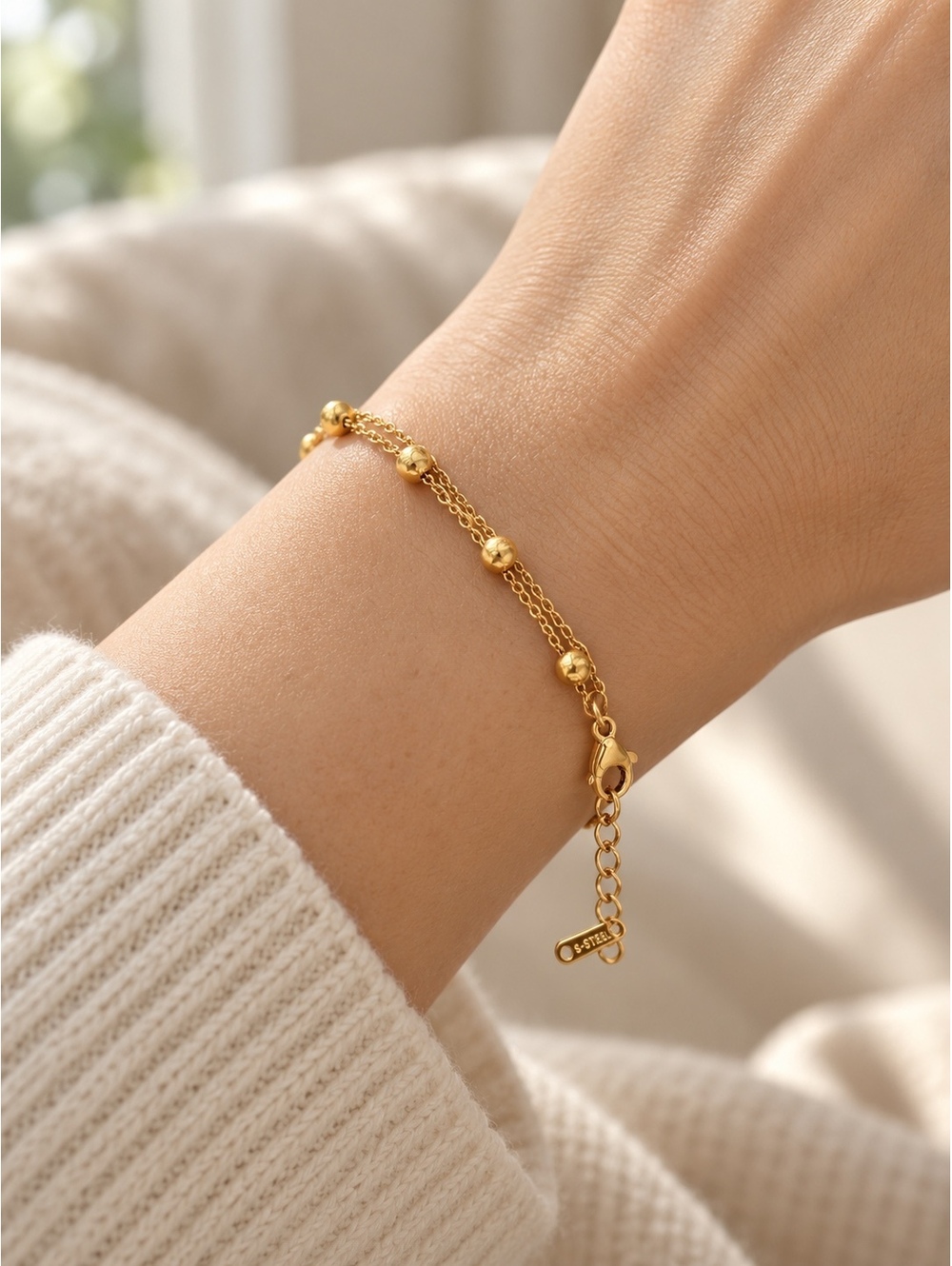 18K Gold Double Strand Beaded Chain Bracelet